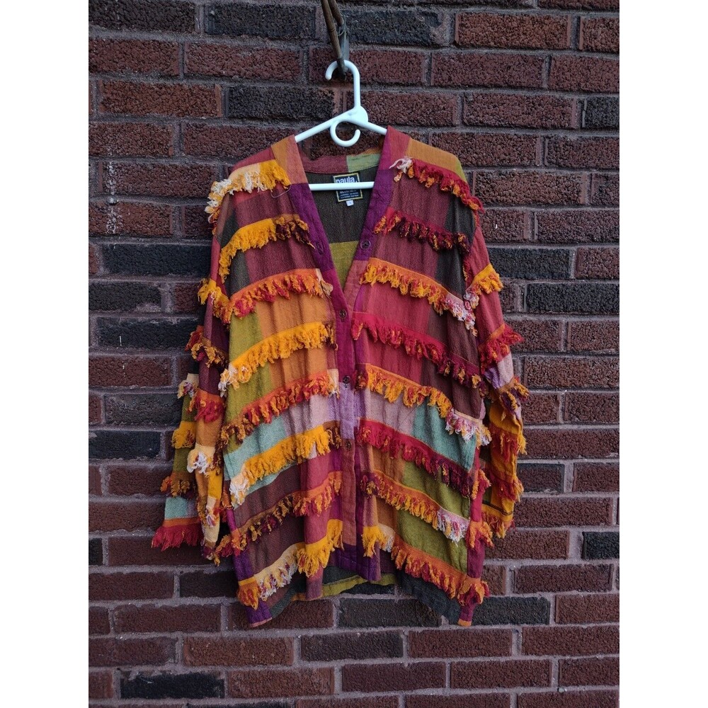 Paula Sweet Muslin Mink Vintage 80s Cardigan Patchwork Fringe Large Orange Red